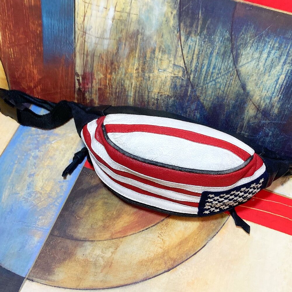 VINTAGE 90's ADULT UNISEX FANNY PACK BAG LEATHER USA FLAG ZIPPER FANNIE BAG - Picture 4 of 5